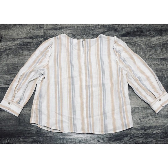 LC Lauren Conrad Sz L Linen Blend Blouse Blue & Tan Stripes Cover Up Top Tee B1 - Picture 2 of 6
